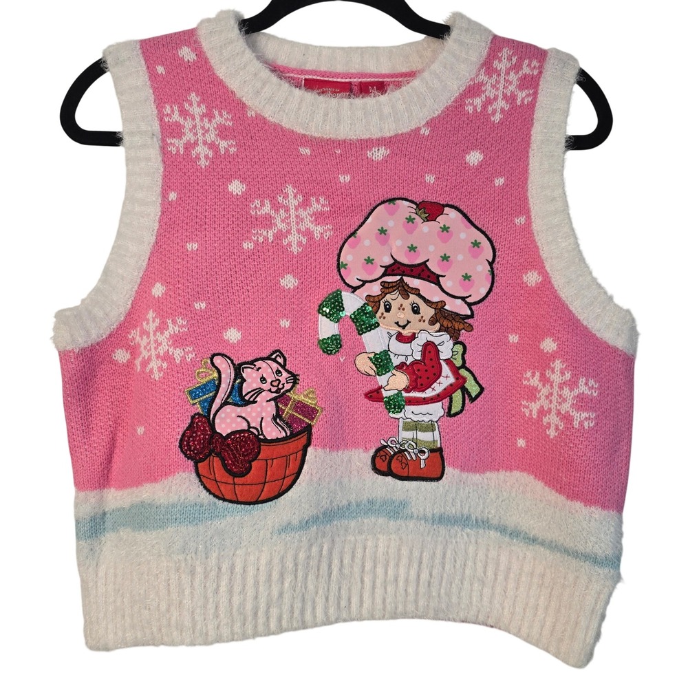 NWOT - Strawberry Shortcake Pink Christmas Sweater Vest Sequin Snowflake Fuzzy M